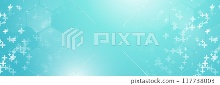 Abstract clean white and blue hexagon shapes with cross sign pattern background. Futuristic healthcare technology concept. Vector illustration 117738003