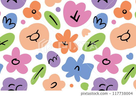 Cute flowers seamless pattern, hand drawn ornament with roses, tulips and daisies, floral vector illustration for summer theme, wrapping paper and backgrounds for celebrations, love and beauty concept Cute flowers seamless pattern, hand drawn ornament with roses, tulips and daisies, floral vector illustration for summer theme, wrapping paper and backgrounds for celebrations, love and beauty concept 117738004