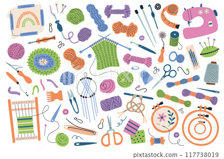 Vector illustration set of needlework tools and materials in a flat cartoon style. Colorful collection of knitting, crochet, embroidery, macrame supplies. Sewing accessories for craft and DIY designs Vector illustration set of needlework tools and materials in a flat cartoon style. Colorful collection of knitting, crochet, embroidery, macrame supplies. Sewing accessories for craft and DIY designs 117738019