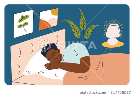 Sleeping man vector illustration, flat cartoon scene of an African American character in his cozy bedroom. The serene atmosphere with nightstand lamp, relaxation and rest concept, healthy sleep 117738027
