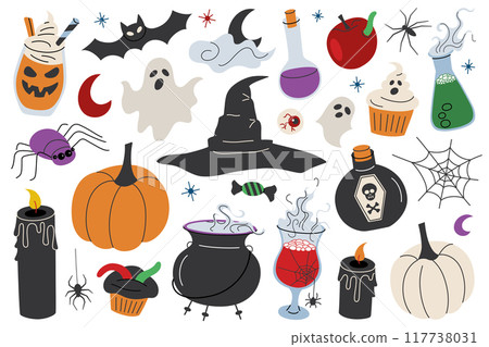 Halloween themed vector illustration set with pumpkins, cauldrons, witch hat, doodle icons of ghosts, bats, and spider web, spooky treats. Eerie decorations collection, Halloween symbols 117738031
