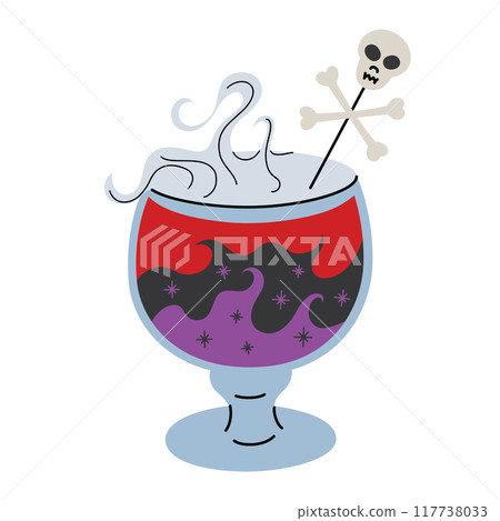 Halloween cocktail icon, vector illustration of steaming witch brew in cauldron glass, layered shimmering drink with dry ice, garnished with scull and bones, scary decor for themed parties 117738033