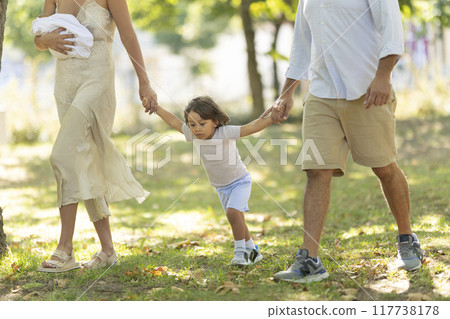 Happy family walking together holding hands in the park 117738178