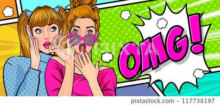 Woman whispering gossip secret to her friend surprise In Retro Vintage Pop Art Comic Style Woman whispering gossip secret to her friend surprise In Retro Vintage Pop Art Comic Style 117738197