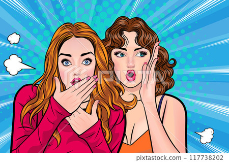 Woman whispering gossip secret to her friend surprise In Retro Vintage Pop Art Comic Style Woman whispering gossip secret to her friend surprise In Retro Vintage Pop Art Comic Style 117738202