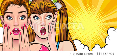Woman whispering gossip secret to her friend surprise In Retro Vintage Pop Art Comic Style Woman whispering gossip secret to her friend surprise In Retro Vintage Pop Art Comic Style 117738205
