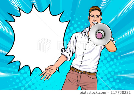 Business man with loudspeaker megaphone announcing discount or sale Special offer shopping time 117738221