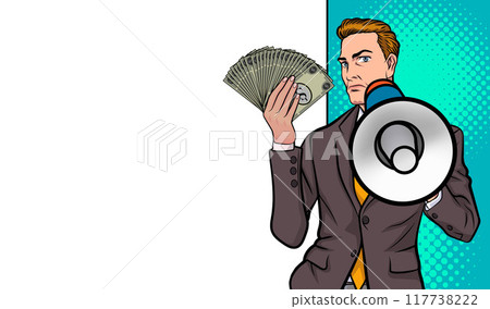 Business man with loudspeaker megaphone announcing discount or sale Special offer shopping time 117738222