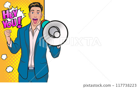 Business man with loudspeaker megaphone announcing discount or sale Special offer shopping time 117738223