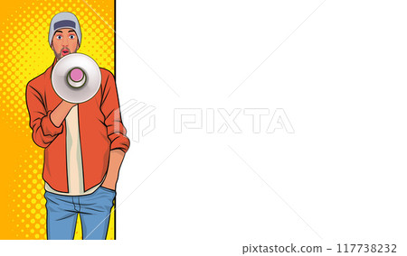 Business man with loudspeaker megaphone announcing discount or sale Special offer shopping time Business man with loudspeaker megaphone announcing discount or sale Special offer shopping time 117738232