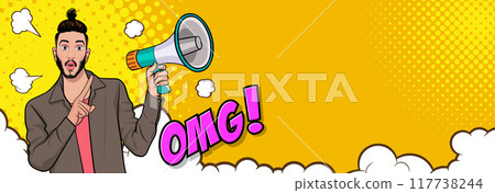 Business man with loudspeaker megaphone announcing discount or sale Special offer shopping time Business man with loudspeaker megaphone announcing discount or sale Special offer shopping time 117738244