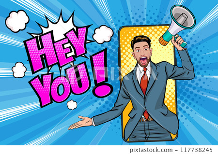 Business man with loudspeaker megaphone announcing discount or sale Special offer shopping time 117738245