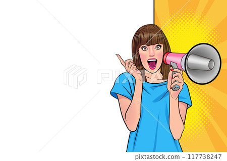 Business woman with loudspeaker megaphone  announcing discount or sale Special offer shopping time 117738247