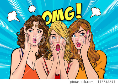 Woman whispering gossip secret to her friend surprise In Retro Vintage Pop Art Comic Style Woman whispering gossip secret to her friend surprise In Retro Vintage Pop Art Comic Style 117738251