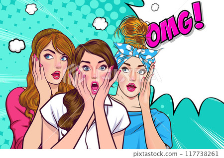 Woman whispering gossip secret to her friend surprise In Retro Vintage Pop Art Comic Style Woman whispering gossip secret to her friend surprise In Retro Vintage Pop Art Comic Style 117738261