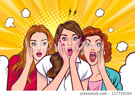 Woman whispering gossip secret to her friend surprise In Retro Vintage Pop Art Comic Style Woman whispering gossip secret to her friend surprise In Retro Vintage Pop Art Comic Style 117738264