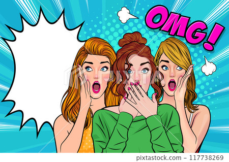 Woman whispering gossip secret to her friend surprise In Retro Vintage Pop Art Comic Style 117738269