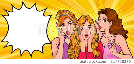 Woman whispering gossip secret to her friend surprise In Retro Vintage Pop Art Comic Style 117738270