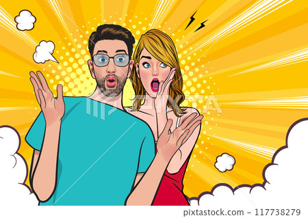 people whispering gossip or business secret to friend surprised In Retro Vintage Pop Art Comic Style people whispering gossip or business secret to friend surprised In Retro Vintage Pop Art Comic Style 117738279