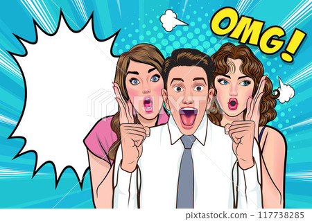 people whispering gossip or business secret to friend surprised In Retro Vintage Pop Art Comic Style 117738285