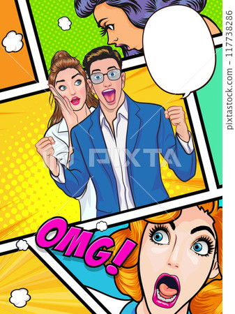 people whispering gossip or business secret to friend surprised In Retro Vintage Pop Art Comic Style 117738286