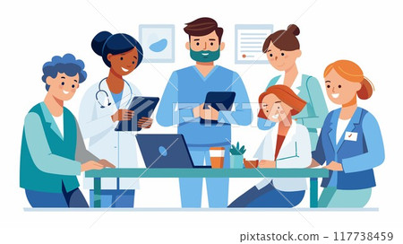 In a modern clinic, a doctor and patient engage in a patient-centered consultation. They share information and discuss treatment options together. In a modern clinic, a doctor and patient engage in a patient-centered consultation. They share information and discuss treatment options together. 117738459