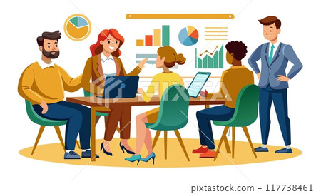 Charts guide the way! A European business team reviews data presented on a whiteboard. Together, they chart the course to success. 117738461
