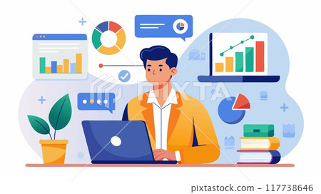 From sales pipelines to marketing campaigns, data analytics empowers informed action. This scene depicts an analyst leveraging business analytics on a laptop screen, providing valuable insights to 117738646
