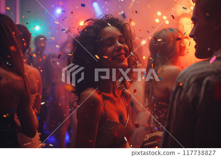 Woman with curly hair smiling while dancing at lively party with colorful lights and flying confetti around happy people moving and celebrating together 117738827