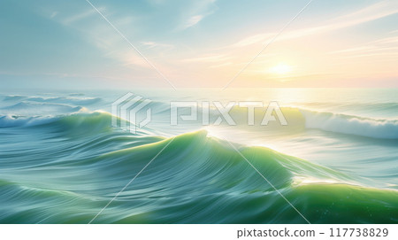 Observing sunset light creating soft pastels over rolling ocean waves. Gentle light and serene marine atmosphere convey tranquility and natural beauty of seascape Observing sunset light creating soft pastels over rolling ocean waves. Gentle light and serene marine atmosphere convey tranquility and natural beauty of seascape 117738829