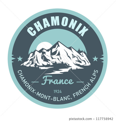 Chamonix Mont Blanc stamp, resort in French Alps, Mont Blanc, emblem with snow covered peaks, vector Chamonix Mont Blanc stamp, resort in French Alps, Mont Blanc, emblem with snow covered peaks, vector 117738942