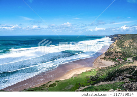 Idyllic nature landscape on Praia da Cordoama beach, Vila do Bispo Sagres, Algarve, Portugal Europe 117739034