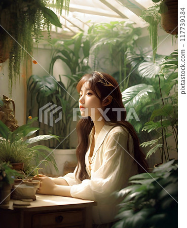 一個十幾歲女孩住在一棟白色建築的房間裡的肖像，裡面有植物 117739184