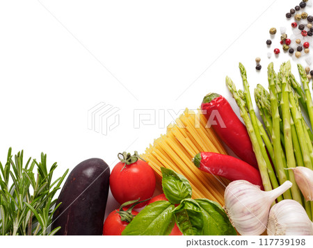 Italian kitchen and italian food concept. Ingredients for pasta isolated one edge. Copy space. Top view 117739198