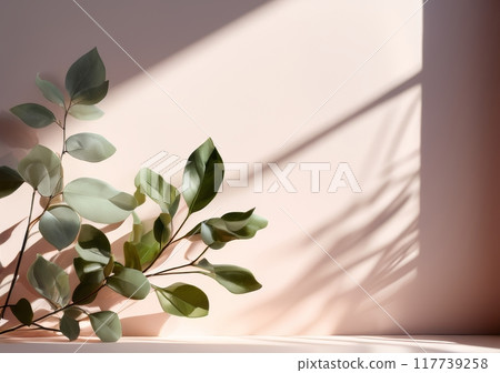 Minimalistic abstract gentle light beige wall background for product presentation or social media stories backdrop template. Green leaves aesthetic with beautiful light and intricate shadow. 117739258