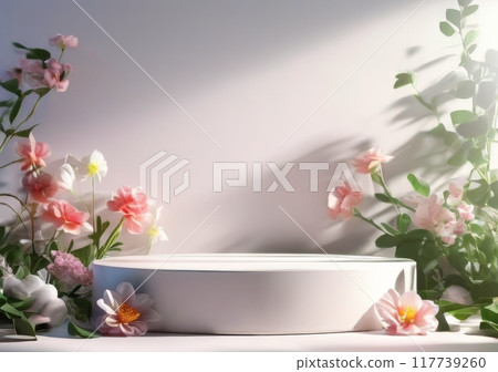 Low Empty Podium with background pink spring flowers. Podium mockup for product 3d. spring table beauty stand display nature. Podium adorned with pink flowers. Display with flowers for cosmetic 117739260