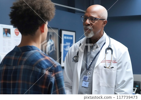 Doctor explaining medical diagnosis to concerned patient in clinical setting, both focused on conversation displaying trust and professionalism Doctor explaining medical diagnosis to concerned patient in clinical setting, both focused on conversation displaying trust and professionalism 117739473