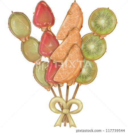 Orange tanghulu candied coating syrup of Chinese snacks fruits,Sweet dessert skewer hand drawn illustrations,Sweet Tang hulu snacks set 117739544