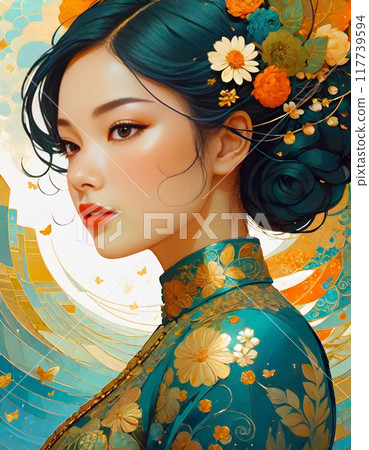 Pop surreal fantasy illustration of an Asian woman 117739594