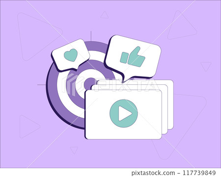 Targeted Video Marketing concept. Audience targeting, user watch time, likes, engagement rate, content strategy and analytics. Video SEO digital marketing vector illustration Targeted Video Marketing concept. Audience targeting, user watch time, likes, engagement rate, content strategy and analytics. Video SEO digital marketing vector illustration 117739849