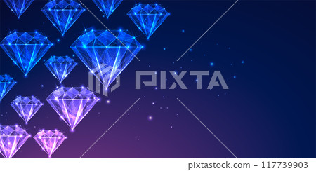 Diamonds banner with sparkling gems on dark blue to purple background. Luxury and elegance concept 117739903