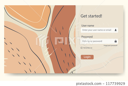 Login screen form and user interface template. Online registration and sign up vector concept. Landing page 117739929