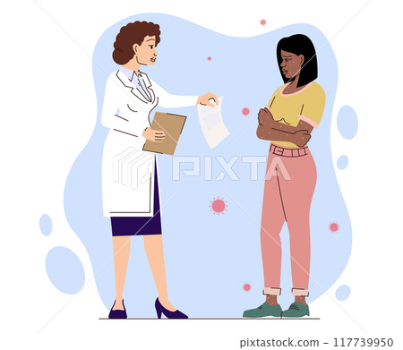 Afro woman monkeypox virus contact doctor vector illustration. New orthopox virus outbreak pandemic Afro woman monkeypox virus contact doctor vector illustration. New orthopox virus outbreak pandemic 117739950