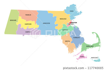 Massachusetts, U.S. state, multi colored political map with borders, county names and capital Boston. State in the New England region of the Northeastern United States, subdivided into 14 counties. 117740085