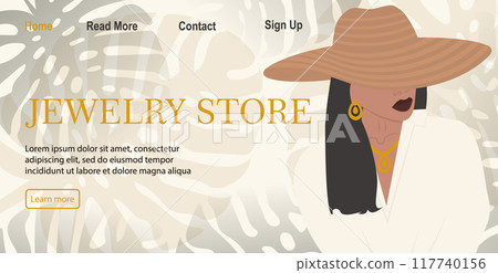 Fashion woman banner for online store. Elegant girl in hat and floral background. 117740156
