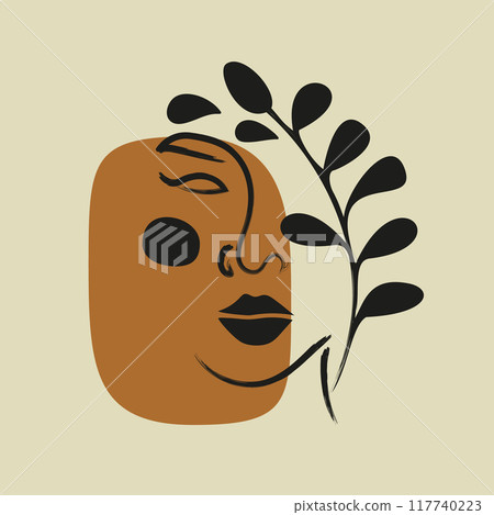Abstract woman face one line drawing. Flourish portrait in minimalistic style. Print for cloth 117740223