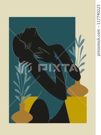 Modern wall art aesthetic silhouette of young woman. Minimalistic woman line art silhouette 117740225