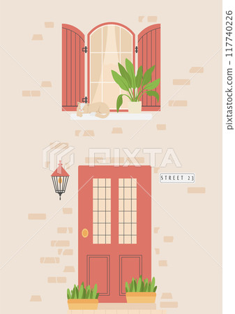 England city brick wall street illustration. House architecture - vintage front door and window 117740226