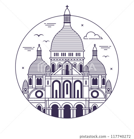 Paris landmark Sacre Coeur circle icon in line art 117740272