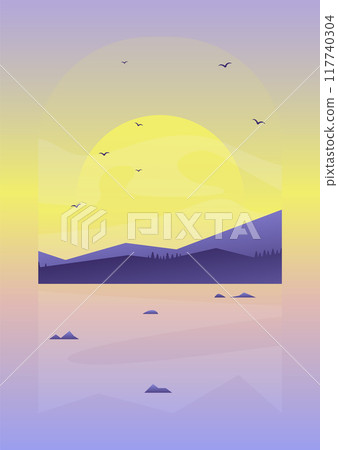 Morning landscape view with spring sea vector illustration. Massive rocks Alaska seaside. Morning landscape view with spring sea vector illustration. Massive rocks Alaska seaside. 117740304